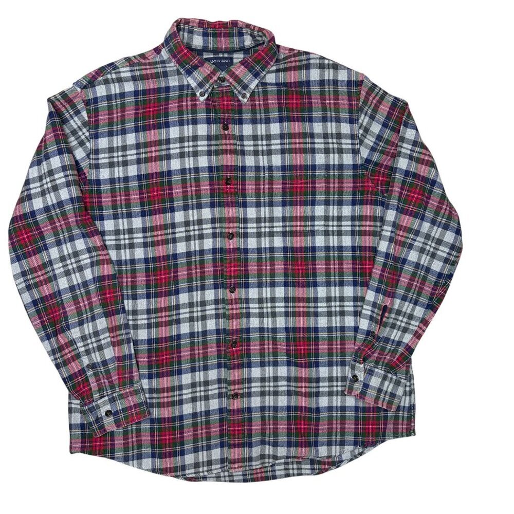Lands' End Flannel Plaid Button Down Size XL Red Gray Blue - Picture 2 of 5